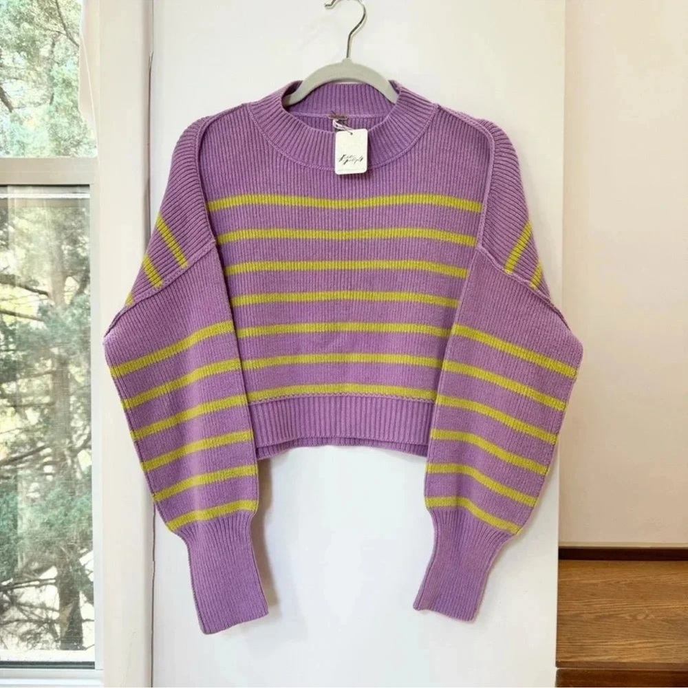 NWT Free People Easy Street Stripe Crop Pullover Sweater Purple